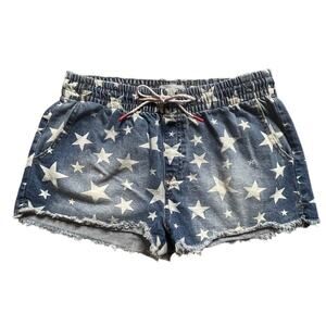 Women's L Star Spangled Print Denim Drawstring Shorts Frayed Hem Poppy Style GUC